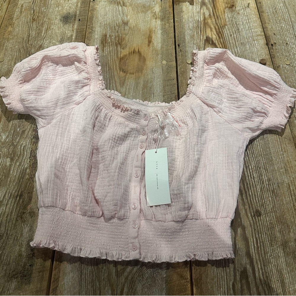 NanaMacs Light Pink Button-Up Puff Sleeve Blouse